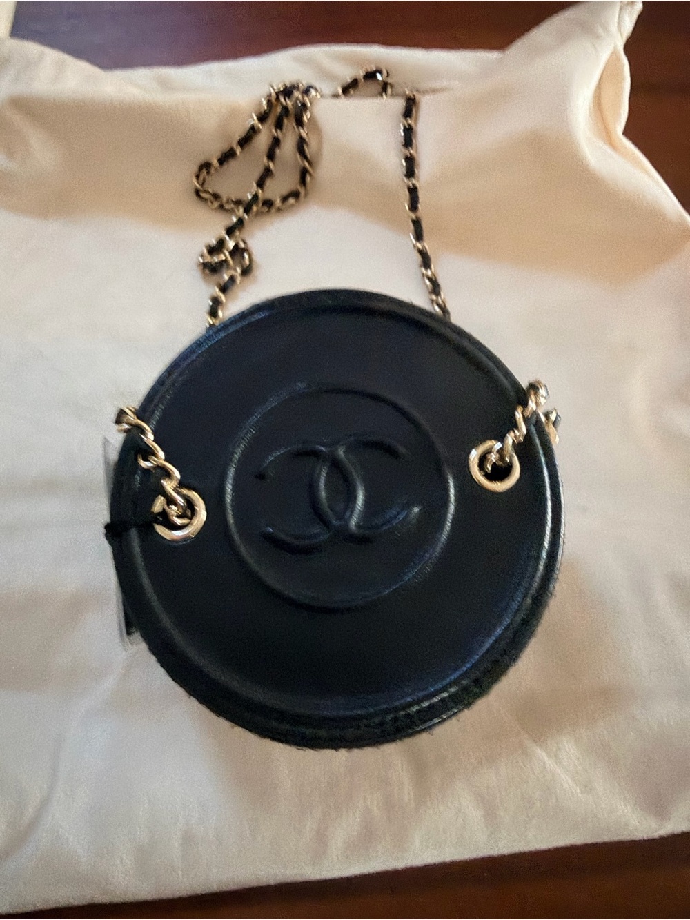 Authentic Chanel black round quilted mini vanity shoulder/crossbody bag.